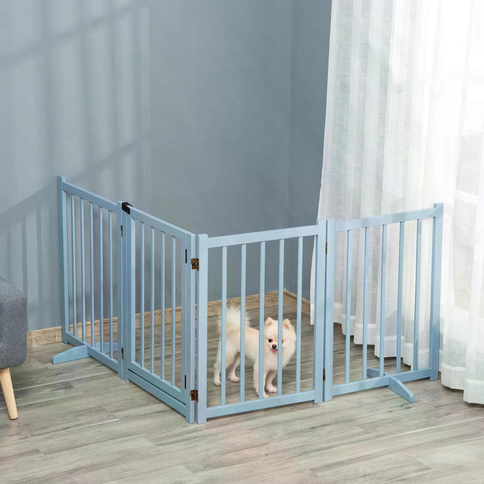 Freestanding Foldable Wooden Pet Gate - 4-Panel Dog Safety Barrier with Support Feet - Ideal for Small to Medium Pooches, Doorways & Stairs, Blue