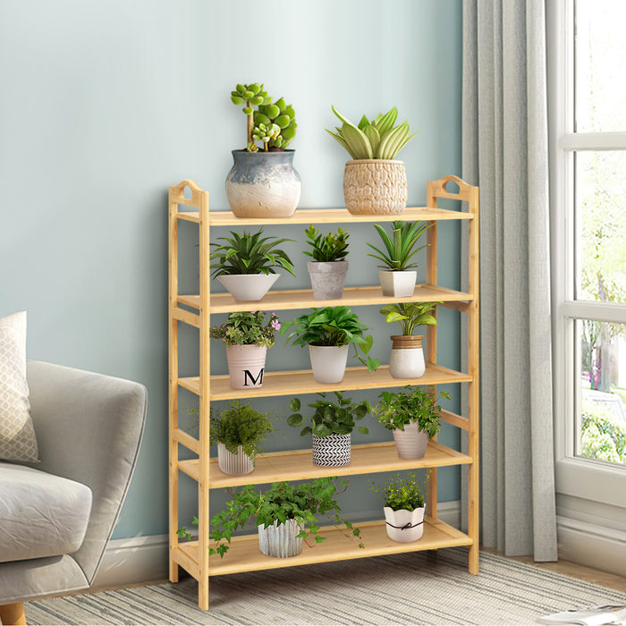 Rounded Show Rack 5-Tier Bamboo Shoe Rack in Natural Finish with Handles - Entryway ...