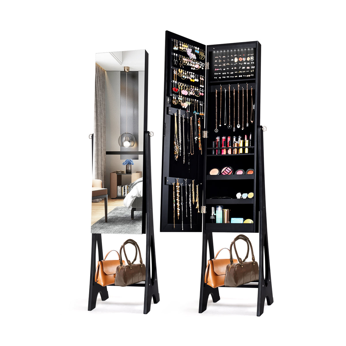 Mirror Jewelry Cabinet - Freestanding Feature with Full Length Frameless Mirror Design in Black - Efficient Jewelry Organization for Stylish Decor Enthusiasts