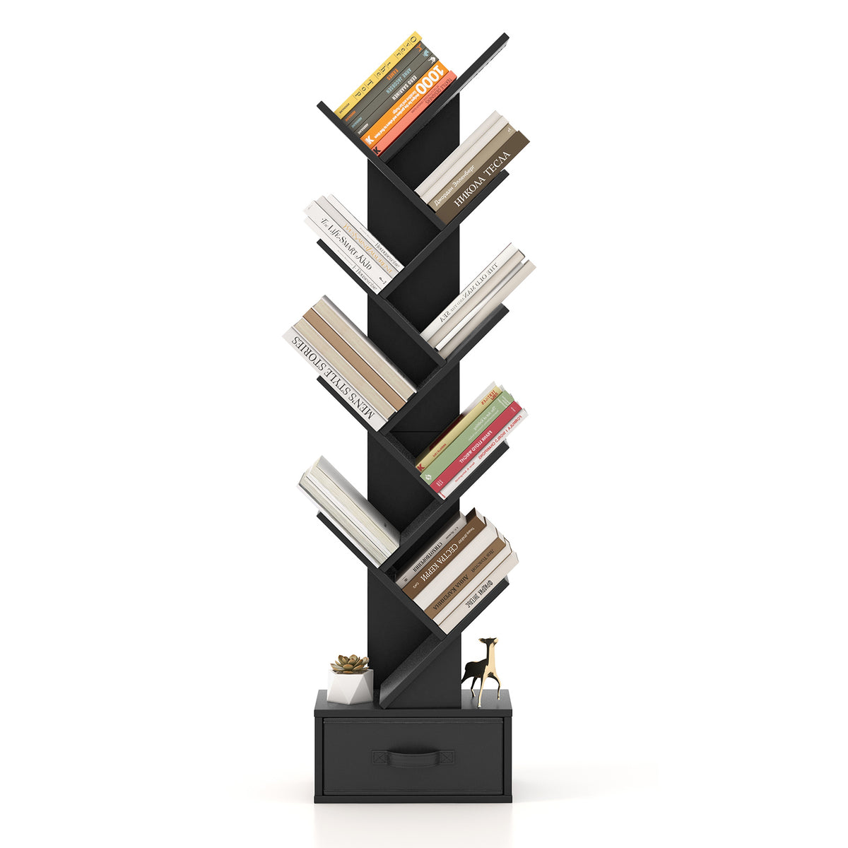 Tree Bookshelf - 10-Tier Freestanding Design with Drawer in Black - Ideal Storage Solution for Book Lovers and Organizers