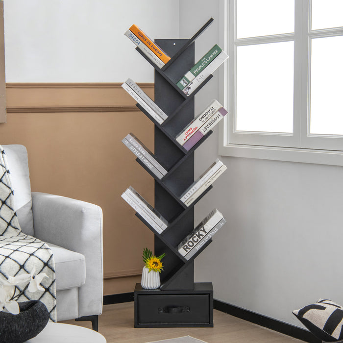 Freestanding Tree Bookshelf with Drawer, 10-Tier - Black Book Storage Display Unit - Ideal for Home and Office Organization