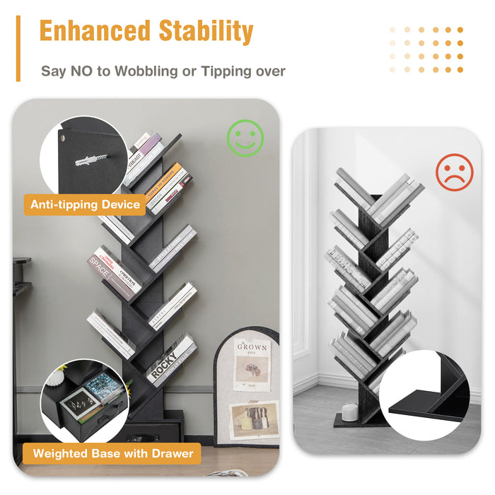 Tree Bookshelf - 10-Tier Freestanding Design with Drawer in Black - Ideal Storage Solution for Book Lovers and Organizers