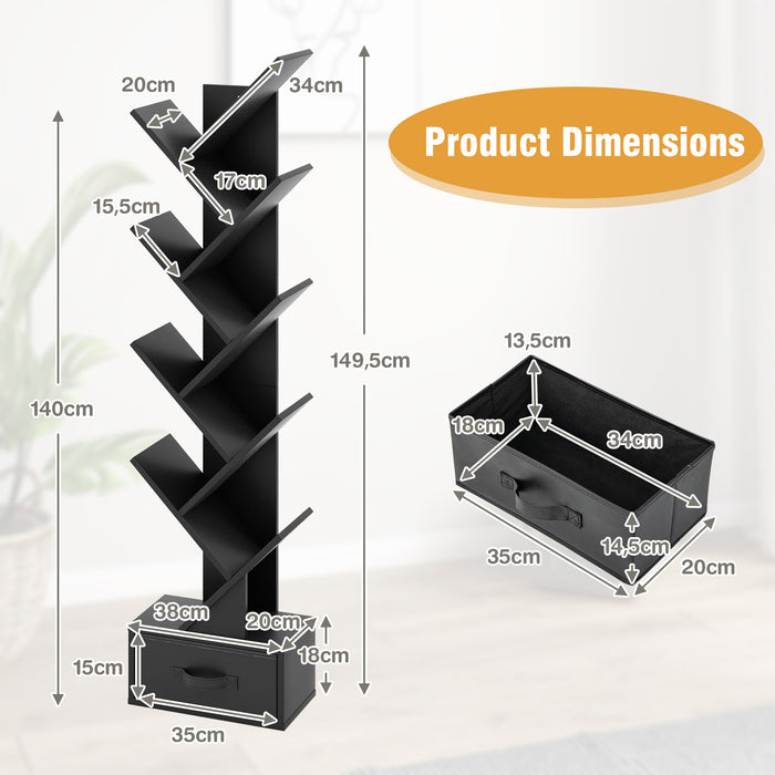 Freestanding Tree Bookshelf with Drawer, 10-Tier - Black Book Storage Display Unit - Ideal for Home and Office Organization