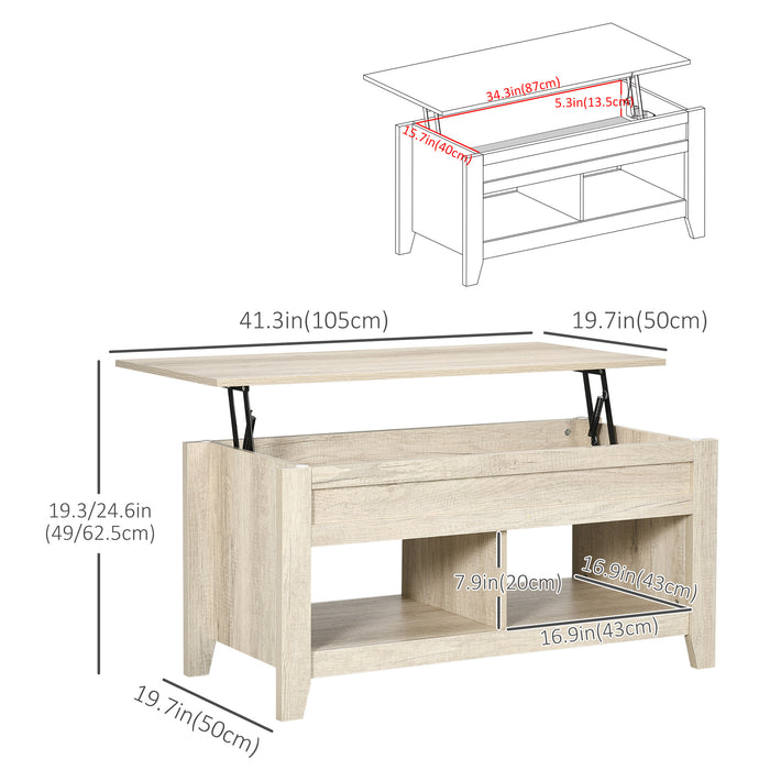 Lift-Top Oak Coffee Table - Hidden Storage, Pop-Up Tabletop, and Open Shelving - Versatile Living Room Centerpiece