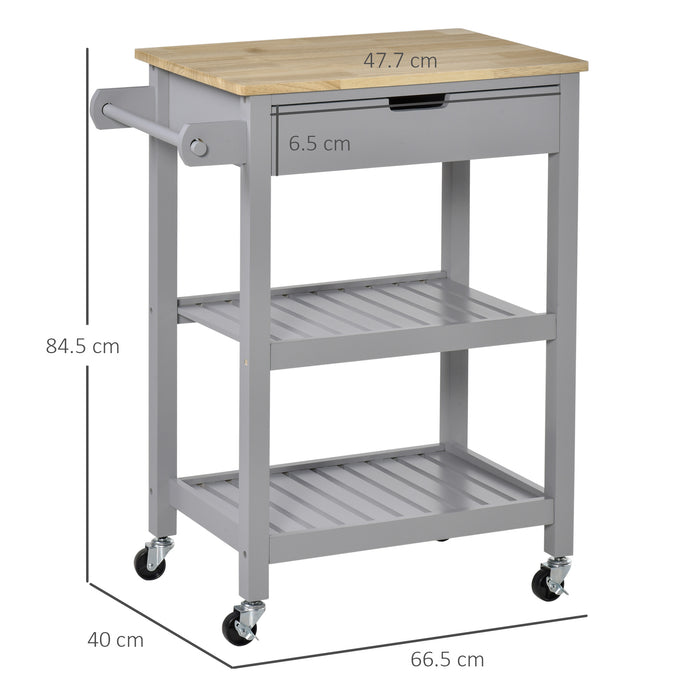 Rubberwood Top Kitchen Trolley - Rolling Utility Cart with Towel Rack, Storage Shelves & Drawer - Mobile Serving Solution for Dining Spaces in Grey