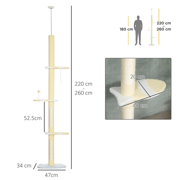 Floor-to-Ceiling Adjustable 260cm Cat Tower - Sturdy Cat Tree with Anti-Slip Kit, Fish-Shaped Scratching Post & Play Ball - Ideal for Multi-Cat Homes and Active Kittens