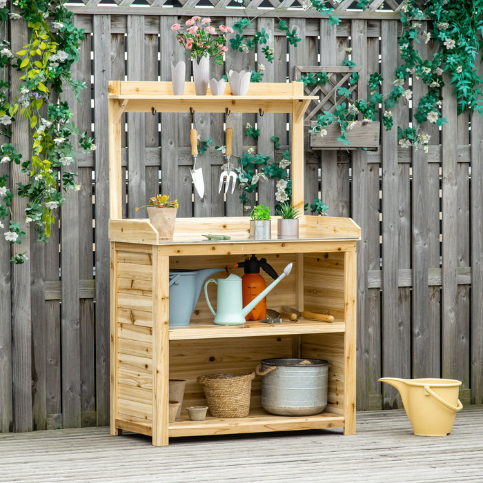 Wooden Garden Potting Bench - Galvanized Metal Workstation with Storage Shelves & Hooks - Ideal for Gardeners & Outdoor Planting