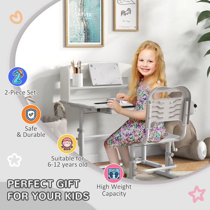 Kids' Ergonomic Study Desk Set - Height Adjustable with Drawer & Storage Shelf, 80x54.5x104cm - Ideal for Children's Homework and Craft Space, Grey