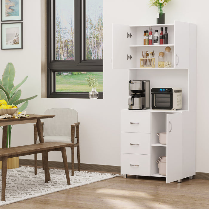 Freestanding White Kitchen Storage Cabinet - 2 Enclosed Shelves, 3 Drawers, 1 Open Compartment with Adjustable Height - Space-Saving Organizer for Home Cookware and Utensils