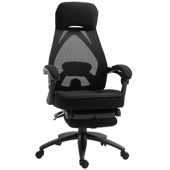 Ergonomic Mesh Office Chair with Extendable Footrest - High-Back Recliner with Adjustable Height and Headrest, in Black - Ideal for Home Office and Lunch Break Relaxation