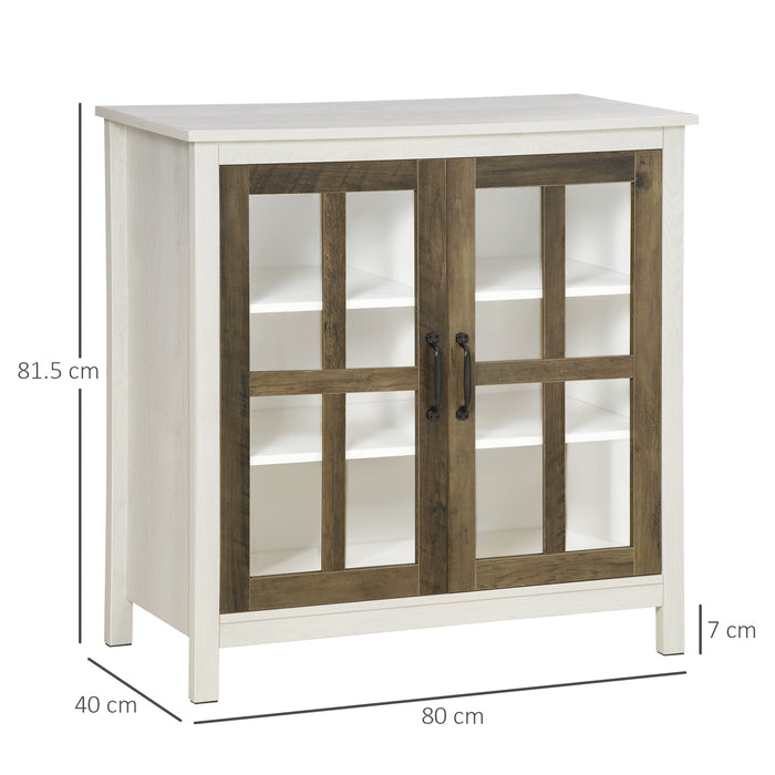 Distressed White Kitchen Sideboard - Glass Door Accent Cupboard with Adjustable Shelf Storage - Elegant Organization for Dining and Living Areas
