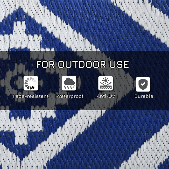 Reversible Plastic Straw RV Mat - Weatherproof Outdoor Carpet with Carry Bag in Blue and White, 182 x 274cm - Ideal for Campers and Patio Use