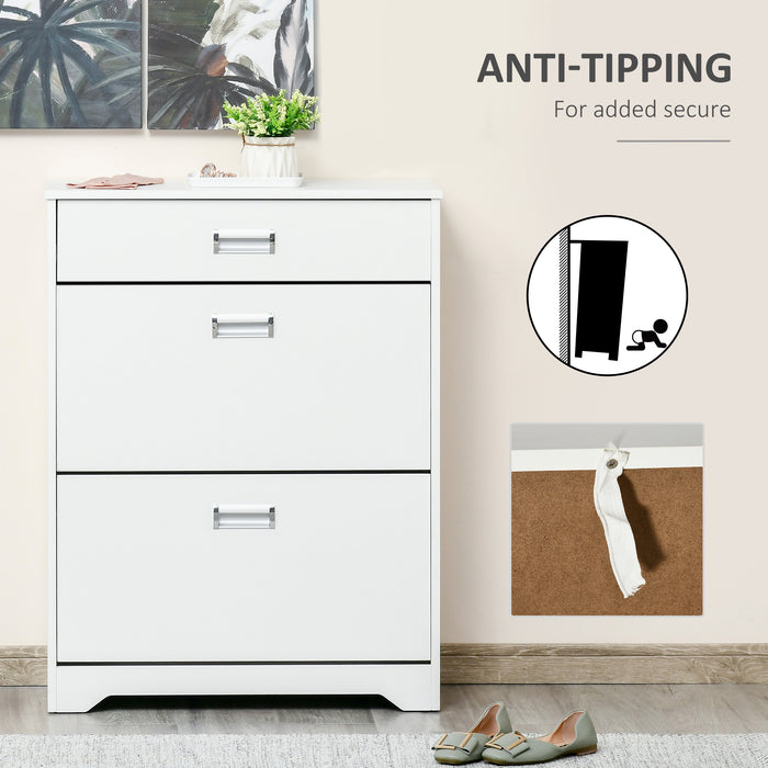 Slim White Tipping Shoe Cabinet - Entryway Storage Rack with Pull-Down Doors & Drawer, Adjustable Shelf - Space-Saving Organizer for Hallways and Small Areas