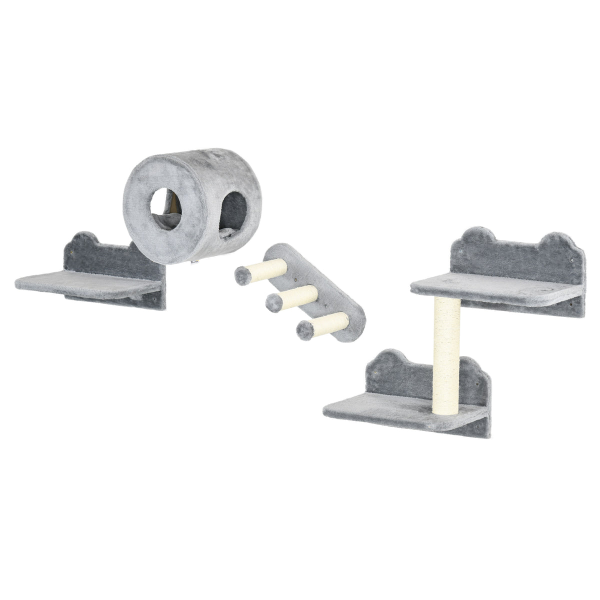 4PCs Modular Cat Wall Tree - Wall-Mountable Platforms, Steps, Scratching Post, and Perch in Grey - Space-Saving Condo for Indoor Cats