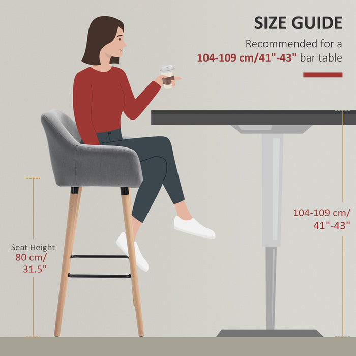 Modern Upholstered Bar Chairs, Set of 2 - Metal Frame with Solid Wood Legs, Grey Fabric - Stylish Seating for Living and Dining Spaces