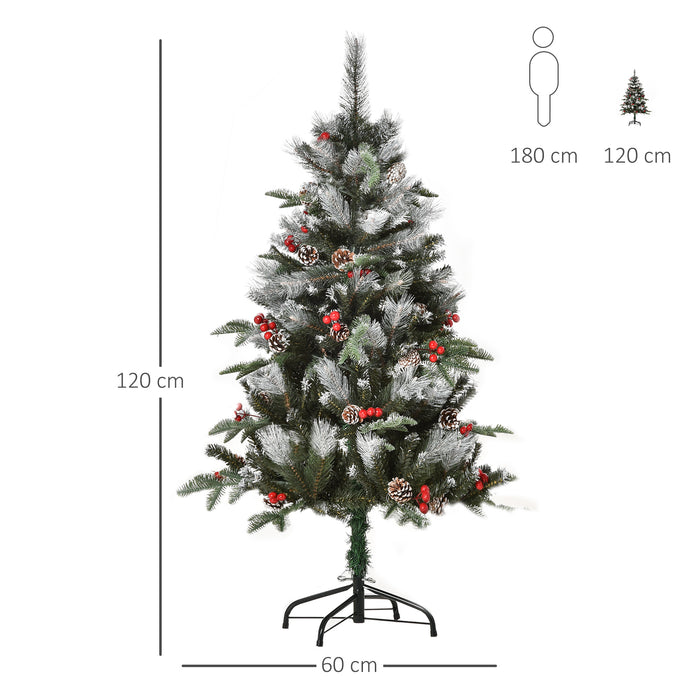 Artificial 4FT Snow-Dipped Pencil Christmas Tree - Xmas Holiday Decor with Red Berries & White Pinecones, Green - Ideal for Home & Party Festivities