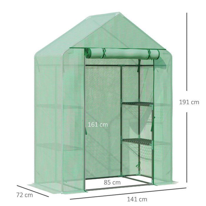 Portable Walk-In Greenhouse - 2-Tier Shelves, Roll-Up Zippered Entrance, PE Weather-Resistant Cover, 141x72x191 cm - Ideal for Garden Enthusiasts and Plant Cultivation