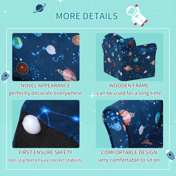 Kids Planet-Themed Cozy Armchair - Sturdy Wood Construction with Non-Slip Feet in Blue - Perfect Seating for Children's Rooms