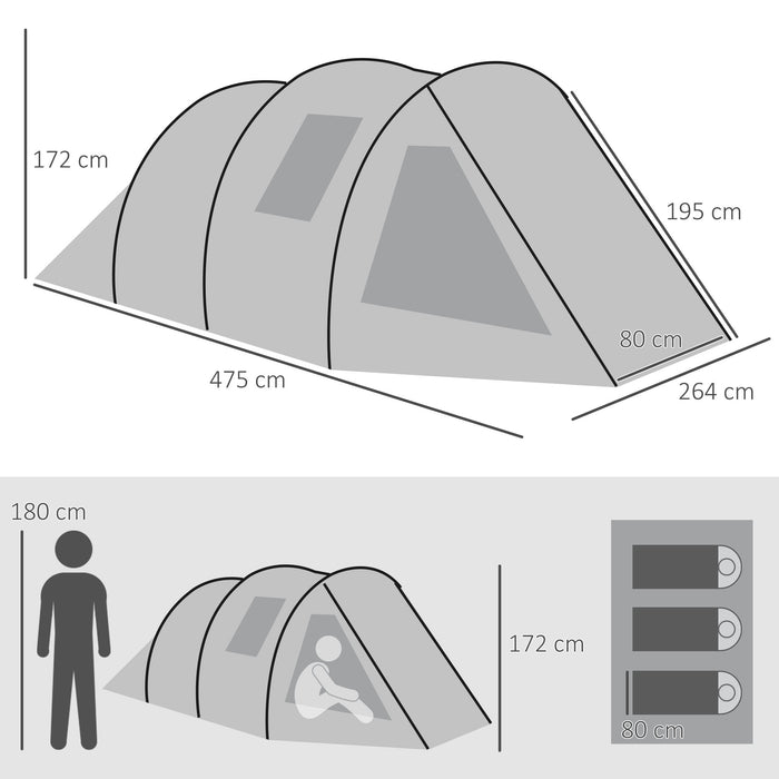 3-4 Person Two Room Tunnel Tent - Spacious Camping Shelter with Windows and Covers - Ideal for Fishing, Hiking, and Outdoor Sports, Includes Carry Bag, Green