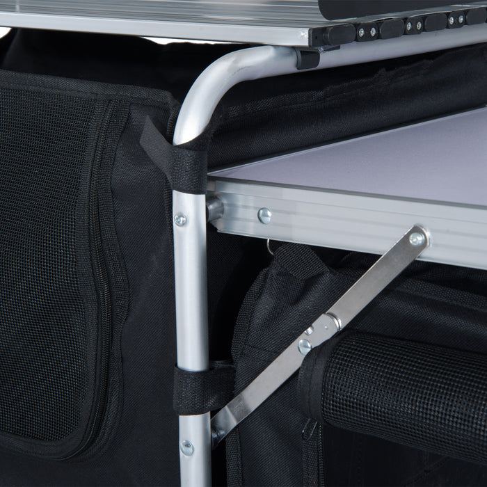 Portable Camping Cooking Workstation - Foldable Outdoor Kitchen Table with Windscreen and Storage - Ideal for BBQ, Parties, and Picnics