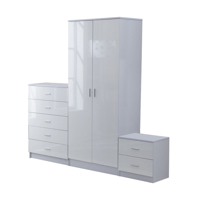 High Gloss White 3-Piece Bedroom Set - Sleek Trio of Wardrobe, Chest of Drawers, and Bedside Table - Modern Furniture Solution for Bedroom Storage