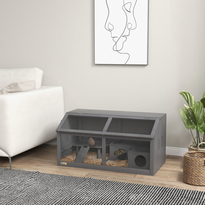 Wooden Hamster Habitat with Suspension Bridge - Small Animal Cage for Gerbils, Mice, Openable Top, 85x45x44cm, Grey - Perfect Home for Your Petite Pet