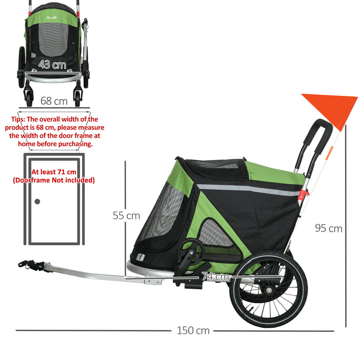 Foldable 2-in-1 Aluminium Dog Bike Trailer & Pet Stroller - Ideal for Medium-Sized Dogs, Green - Versatile Travel Solution for Pet Owners