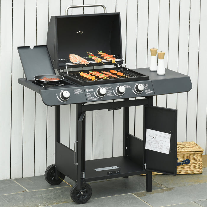 3+1 Burner Gas BBQ Grill with Side Burner - Outdoor Barbecue Trolley, Warming Rack, Storage Cabinet - Ideal for Garden Cooking and Entertainment