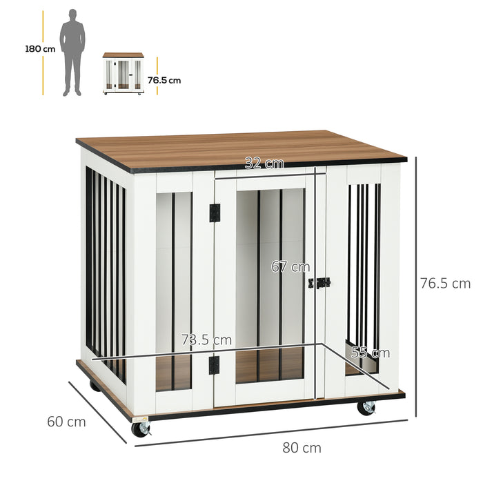 Dog Cage End Table with Wheels - Lockable Medium Dog Crate Furniture, 80x60x76.5cm, White - Stylish Pet Habitat for Home Convenience