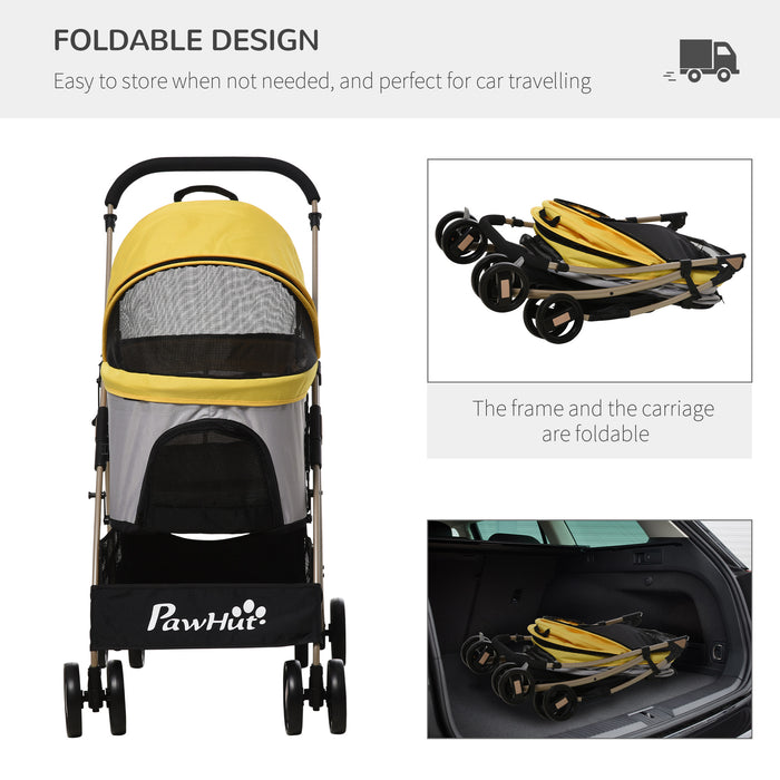 Detachable 3-in-1 Pet Stroller - Foldable Dog and Cat Travel Carriage with Universal Wheel Brake, Canopy, and Storage Basket - Convenient Transportation for Pets, Yellow