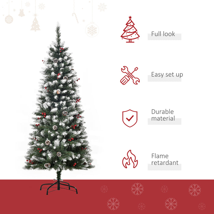 5FT Green Pencil Christmas Tree - Adorned with Red Berries and Pinecones, Foldable Base - Space-Saving Festive Decor for Home Interiors