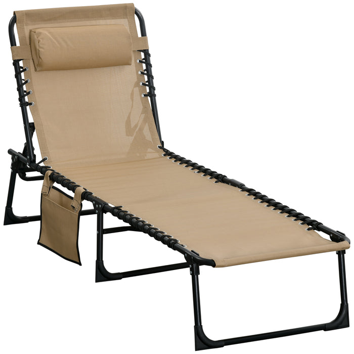 Folding Sun Lounger with Adjustable Backrest and Pillow - Comfortable Reclining Camping Bed for Beach and Pool Relaxation - Ideal for Outdoor Leisure in Beige