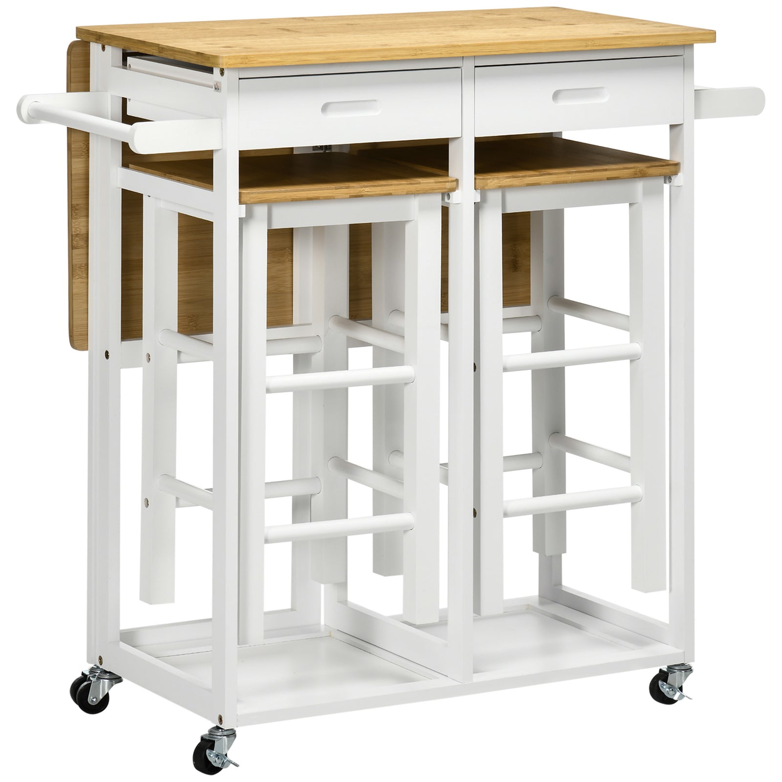 Bamboo Kitchen Island Set with Stools - Rolling Breakfast Cart with Drop Leaf, Drawers, Towel Rack - Space-Saving Dining Solution for Small Apartments