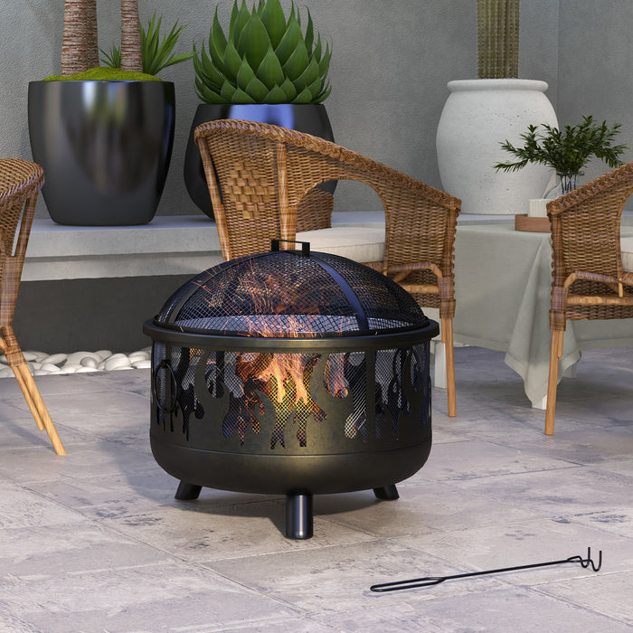 Outdoor Round Metal Firepit Bowl with Accessories - 2-in-1 Fire Pit Grill Combo with Lid, Poker & Handles - Ideal for Garden Camping, BBQs, Bonfires & Wood Burning