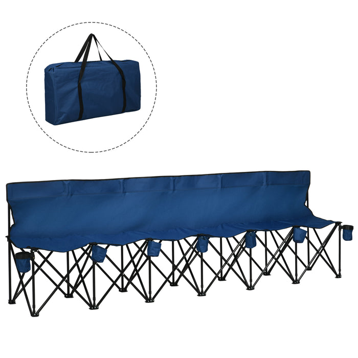6-Seater Sports Bench with Cup Holders - Portable Folding Seating for Outdoor, Picnic, Camping, Spectators - Durable Steel Frame & Includes Carry Bag, Blue
