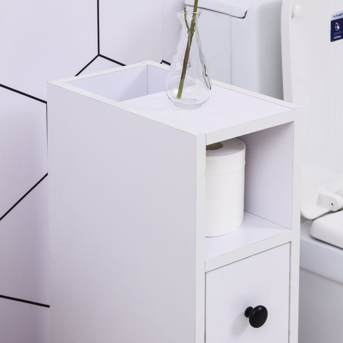 Slimline Freestanding Storage Cabinet - 2 Drawers, Open Shelving, Wheels, and Handles - Space-Saving Organizer for Bathroom or Home Office