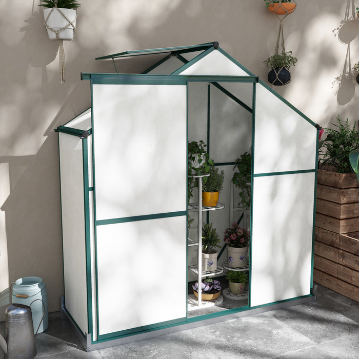 Polycarbonate Walk-In Greenhouse 6x2.5ft - UV-Protected Panels, Rain Gutter, Sliding Door, Ventilation Window, Sturdy Foundation - Ideal for Garden Enthusiasts & Green Thumbs
