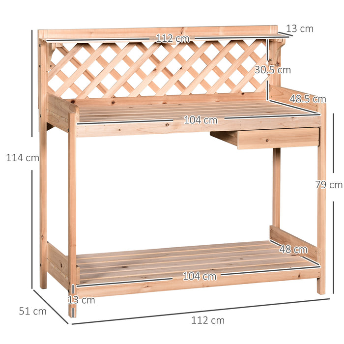 Wooden Garden Potting Table with Drawer - Flower Planting Workstation with Tool Storage and Shelves - Perfect for Gardeners and Outdoor Plant Care
