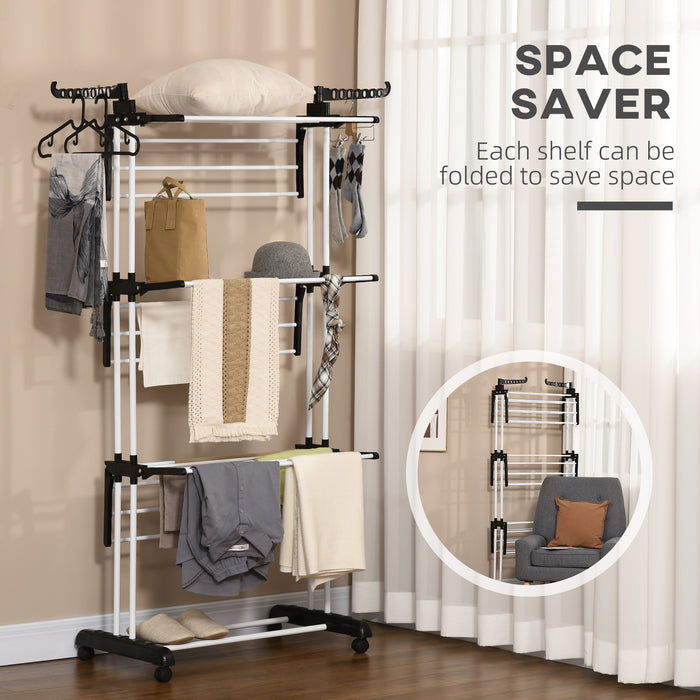 4-Tier Foldable Laundry Drying Rack - Steel Garment Organizer with Wheels, Indoor/Outdoor Compatibility - Space-Saving Solution for Clothing Management