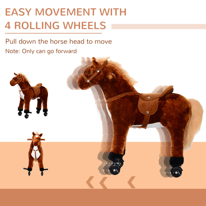 Kids Plush Ride-On Horse with Sound Effects - Soft Brown Walking Toy Stallion - Interactive Play for Children