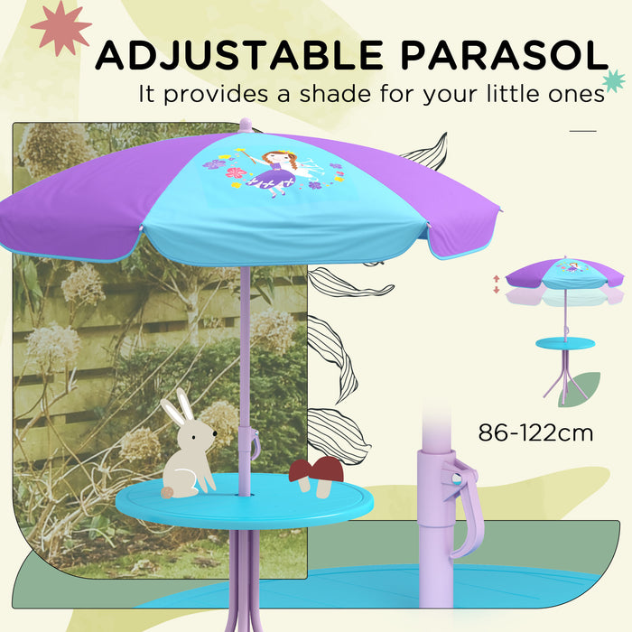 Kids Fairy-Themed Picnic Table Set - Foldable Chairs & Adjustable Parasol for Outdoor Use - Perfect Garden Furniture for Children's Parties and Playdates