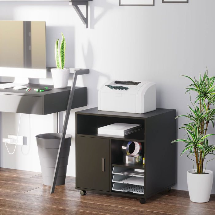 Mobile Rolling Printer Stand with Multiple Storage Shelves - Modern Office Side Desk Organizer, 60x50x65.5 cm, Black - Ideal for Workspace Organization and Mobility