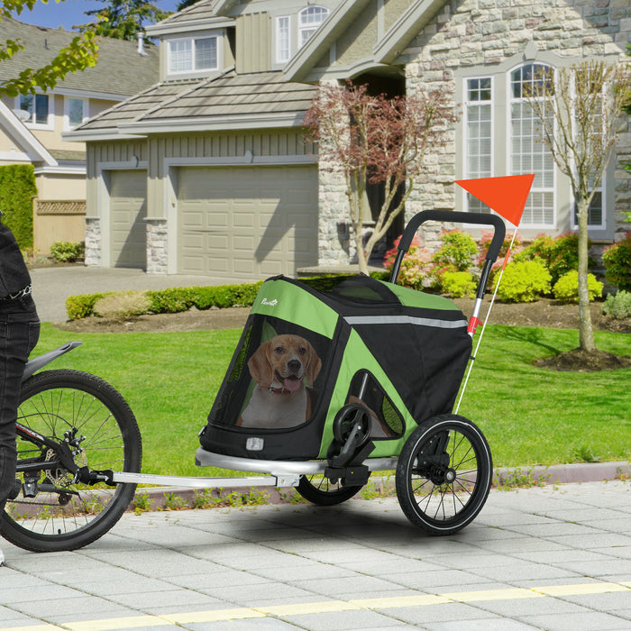 Foldable 2-in-1 Aluminium Dog Bike Trailer & Pet Stroller - Ideal for Medium-Sized Dogs, Green - Versatile Travel Solution for Pet Owners
