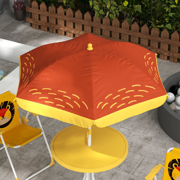 Lion-Themed Kids Picnic Table with Folding Chairs - Outdoor Children's Garden Furniture Set with Adjustable Yellow Parasol - Perfect for Playtime and Lunch Outdoors