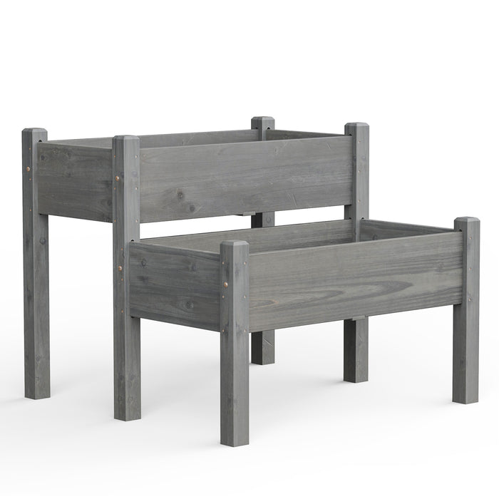 Fir Wooden Raised Bed - 2-Tier Garden Planter with Drain Holes, Grey - Ideal for Gardeners & Solving Water Logging Issues