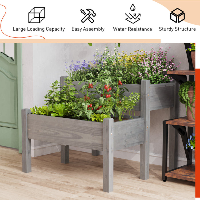 Fir Wooden Raised Bed - 2-Tier Garden Planter with Drain Holes, Grey - Ideal for Gardeners & Solving Water Logging Issues