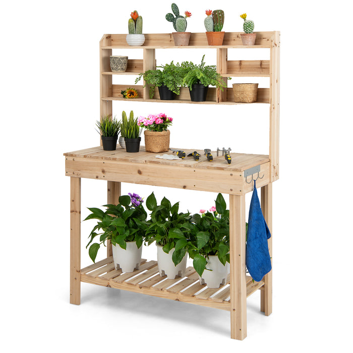 Natural Wood Potting Bench Table - Features Openable Tabletop and Built-in Hooks - Ideal for Gardeners and Plant Enthusiasts