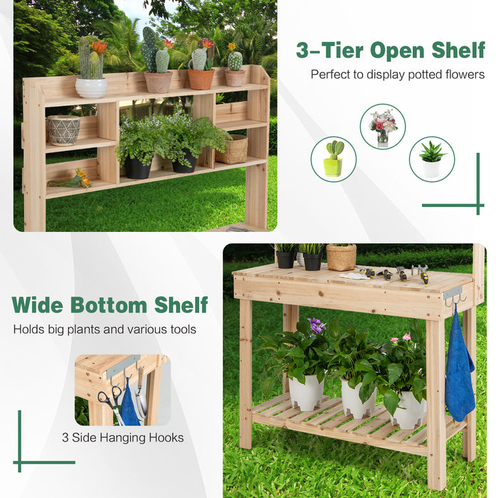 Natural Wood Potting Bench Table - Features Openable Tabletop and Built-in Hooks - Ideal for Gardeners and Plant Enthusiasts