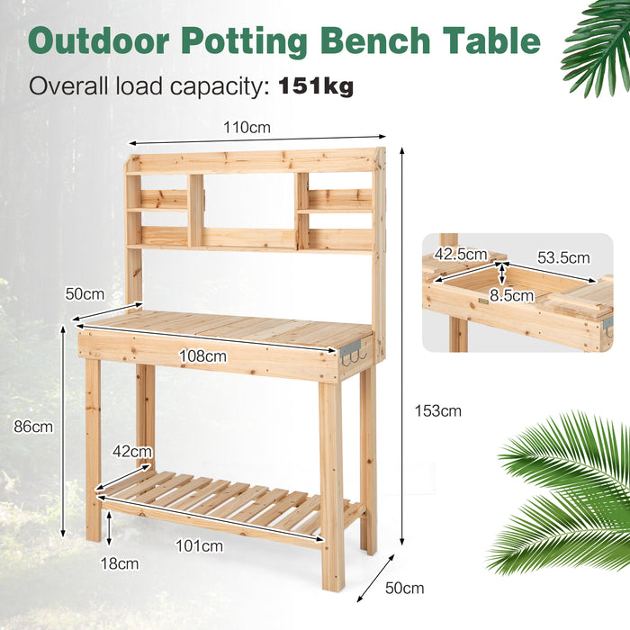 Natural Wood Potting Bench Table - Features Openable Tabletop and Built-in Hooks - Ideal for Gardeners and Plant Enthusiasts