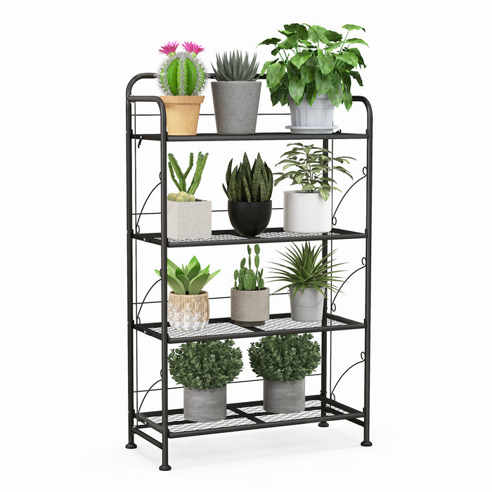 Foldable 4-Tier Plant Stand - Black, Adjustable Shelf and Feet - Ideal for Indoor and Outdoor Plant Display